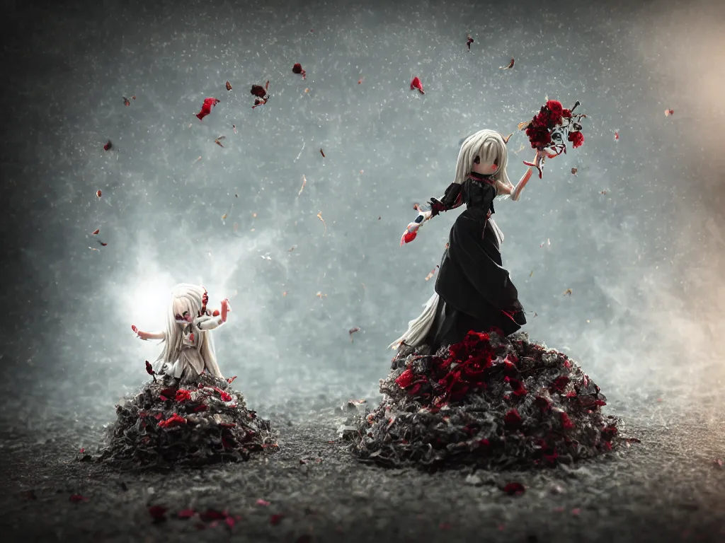 Image similar to cute fumo plush of a gothic maiden girl tossing lots of decayed roses into the air, stale twilight, dust particles in sunbeams, swirling vortices of emissive smoke and volumetric fog over the river, bokeh, 5 0 mm, vignette, vray