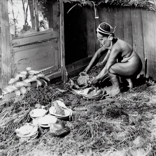 Image similar to a maori woman prepares weta carapaces outside her whare in the 1 9 4 0's.