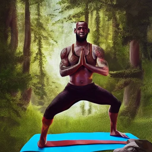 Prompt: lebron james doing yoga in the forest, made by stanley artgerm lau, wlop, rossdraws, artstation, cgsociety, concept art, cgsociety, octane render, trending on artstation, artstationhd, artstationhq, unreal engine, 4 k, 8 k