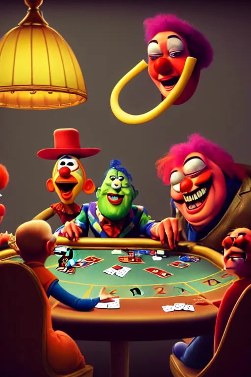 Image similar to pixar serious people playing poker, an angry clown is sitting at the table, screaming | glamorous oily soft polished rich ornate modern | weta disney pixar movie still photo | hi - fructose, sci fi fantasy, smooth, octane render, sharp focus, artstation, concept art | artgerm, mucha, rutkowski, feng zhu, wlop, loish