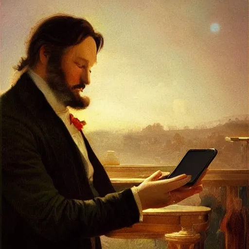 Prompt: victor hugo playing on his phone, digital art, trending on art station, high quality, uhd 8 k, beautiful, golden hour, intricate detail, high gradient, raytracing, dynamic lighting, sharp focus