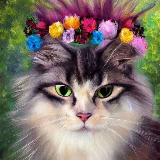 Prompt: anthromorphic fluffy long haired cat dressed in tutu with flower crown, detailed 4 k oil painting