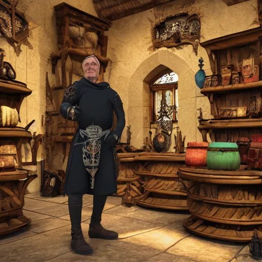 Prompt: full body portrait of Dennis hopper as a devious medieval lord standing on the right inside a big medieval Shop with tall windowpane, shelves full of medieval goods, morning light, trending on artstation, style of midjourney, unreal engine, octane render, intricate details, 8k high definition, beauriful, ornate, hyperrealistic