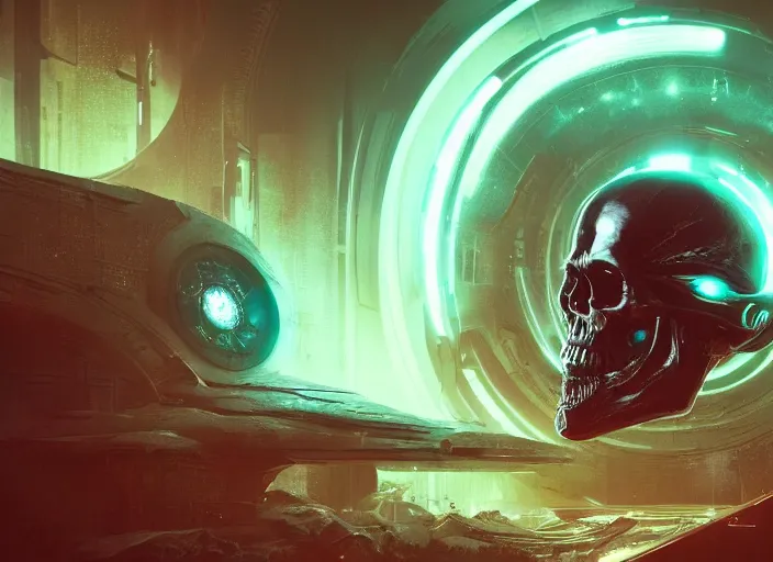 Image similar to a futuristic skull with glowing eyes and a wormhole tunnel, cyberpunk art by greg rutkowski, behance contest winner, computer art, darksynth, synthwave, rendered in cinema 4 d