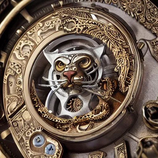 Prompt: A steampunk roaring tiger head made from ornate engraved full plate armor and watch gears and several jewels, macro shot by Justin Gerard, unreal engine, detailed, intricate, physically based rendering