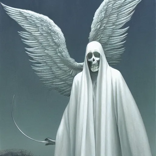 Prompt: the angel of death in white robes, digital art, highly detailed, by gerard brom and zdzisław beksinski