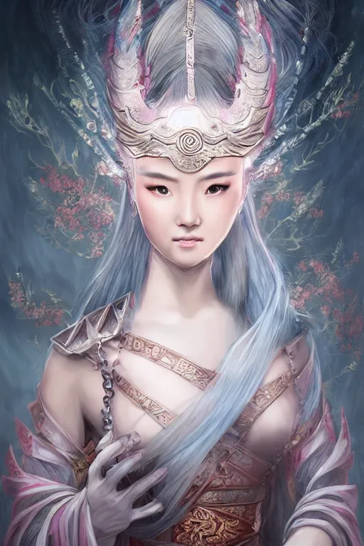 Image similar to beautiful ancient fantasy portrait of wuxia armored heroine, face trending by artbreeder wearing like Xian Xia wardrobe, in forbidden City, hybrid from Dynasty Warriror, flowers sea rainning everywhere, intricate, very very beautiful, elegant, highly detailed, digital painting, beautiful glowing galaxy eyes, human anatomy, hyperrealistic, soft light, dynamic, artstation, fantasy concept art, smooth, sharp focus, illustration, art by alphonse mucha and WLOP and tian zi