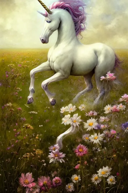 Image similar to a unicorn on the flowery meadow | esoteric symbolism | jean - baptiste monge, esao andrews, bastien lecouffe - deharme, tim jacobus, ken currie | ultra - detailed realism, soft cinematic lighting, hi - fructose, artstation, high - quality, ink watercolors wes anderson poster art