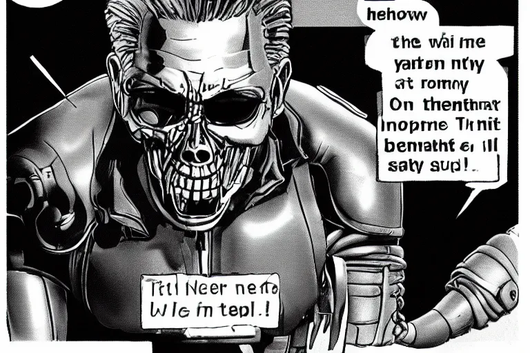 Prompt: high quality 3D render of the terminator saying something funny in a speech bubble with text