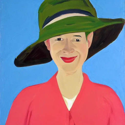 Image similar to woman with hat, by Alex Katz, colorful, smiling, oil on canvas