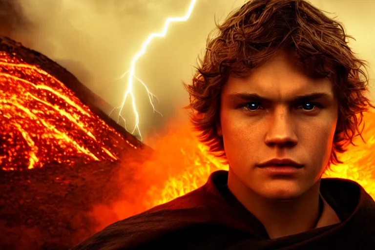 Prompt: an ultra realistic, cinematic, headshot portrait, of anakin skywalker, fire, facial features, background of a lava river, with rain and lightning, detailed, deep focus, movie still, dramatic lighting, ray tracing, by michal karcz and yoshitaka amano