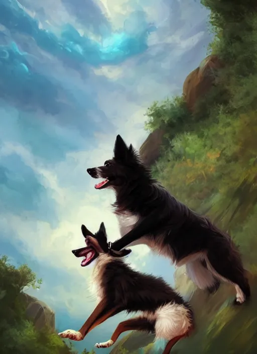 Image similar to wide angle beautiful full body portrait of a cute male anthropomorphic anthro border collie fursona wearing clothes and falling from the sky, character design by charlie bowater, henry asencio, and ross tran, disney, scenic background, detailed, aesthetic, trending on artstation, furaffinity, deviantart