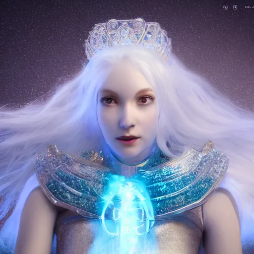 Image similar to ice goddess with beautiful face with a glowing blue crystal on her forehead, full body, frosty white eyes, winter mist around her, white plated armor, pale skin, white smoke, octane render, frostbite, 8 k, cinematic, 3 5 mm, aspect ratio