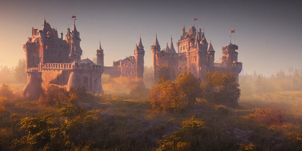 Prompt: a highly detailed photo of a post - future castle surrounded by a mist shot at golden hour on 3 0 mm film painted by alena aenami, rendered in unreal engine