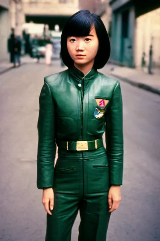 Prompt: ektachrome, 3 5 mm, highly detailed : incredibly realistic, beautiful portrait photo in style of 1 9 9 0 s frontiers in flight suit cosplay paris street photography, youthful asian demure, perfect features, cool haircut, small head, vogue fashion edition