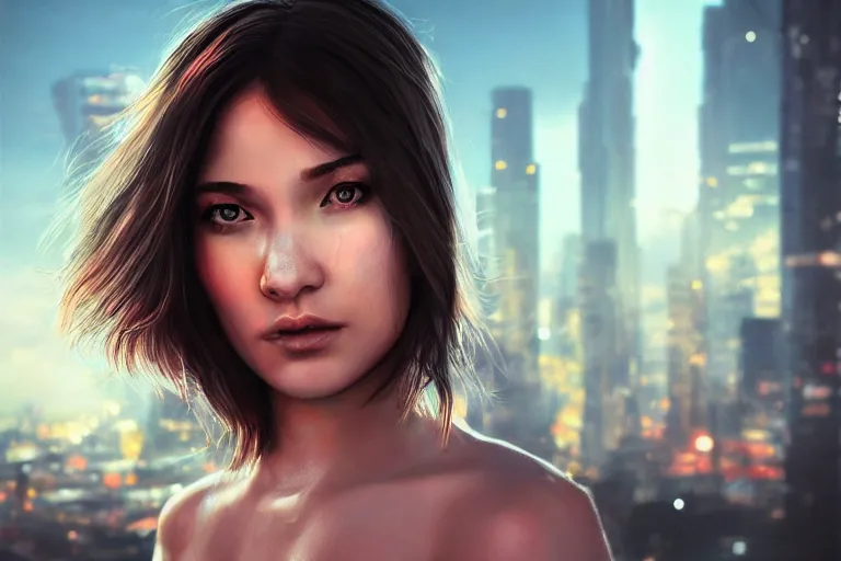 Image similar to hyperrealistic close up portrait of stunningly beautiful girl, lit by dawn light, cyberpunk city on background, trending on artstation