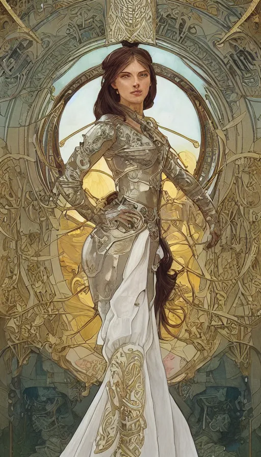 Image similar to soldiers in white armor, highly detailed, very intricate, art nouveau, gold filigree, left right symmetry, tarot concept art watercolor illustration by mandy jurgens and alphonse mucha and alena aenami, featured on artstation