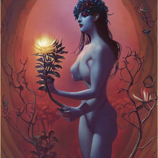 Prompt: woman commands flower creatures, by gerald brom