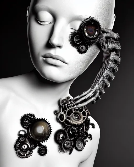 Image similar to black and white dreamy foggy smoky profile face portrait, one silver steampunk eye biomechanical beautiful young female cyclope - cyborg - robot bust, body ribs meshes,, volumetric light, hibiscus flowers, by hg giger, rim light, by dora maar and cecile beaton, big gothic fashion pearl embroidered collar, 8 k