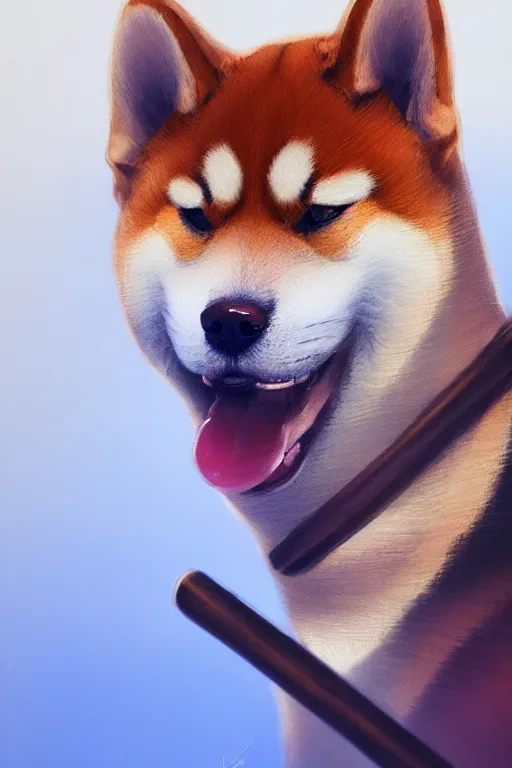 Prompt: close up portrait of shiba inu holding a baseball stick in it's hand, extremely detailed digital painting, in the style of fenghua zhong and ruan jia and jeremy lipking and peter mohrbacher, mystical colors, rim light, beautiful lighting, 8 k, stunning scene, raytracing, octane, trending on artstation