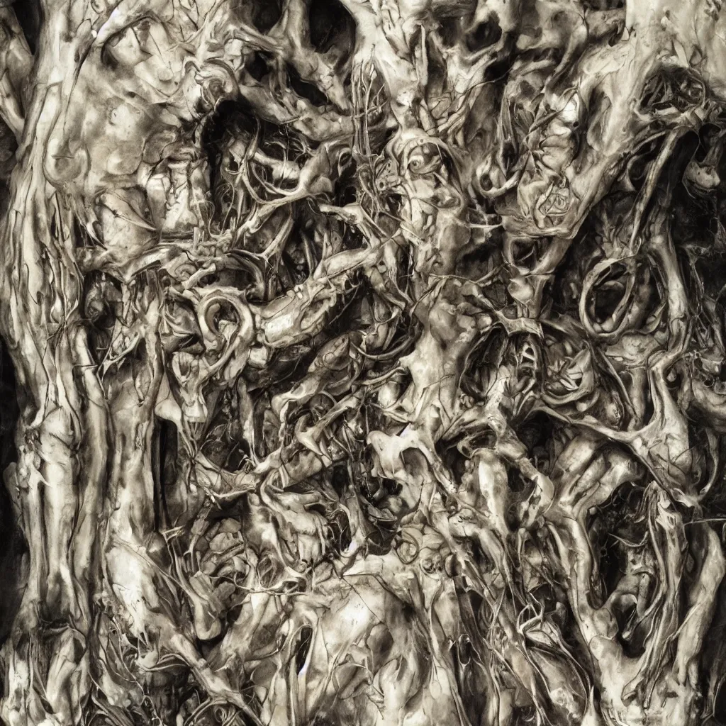 Image similar to realistic shot bloody bones, organs and flesh, biomechanical technology, natural light, by h r giger