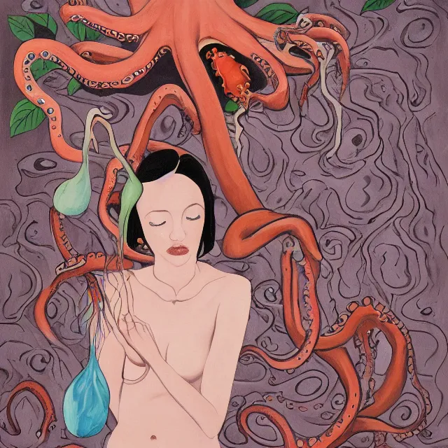 Image similar to tall female emo artist holding an octopus in a flooded cafe, octopus, water gushing from ceiling, painting of flood waters inside a cafe, a river flooding indoors, pomegranates, pigs, ikebana, water, octopus, river, rapids, waterfall, black swans, canoe, berries, acrylic on canvas, surrealist, by francesco clemente