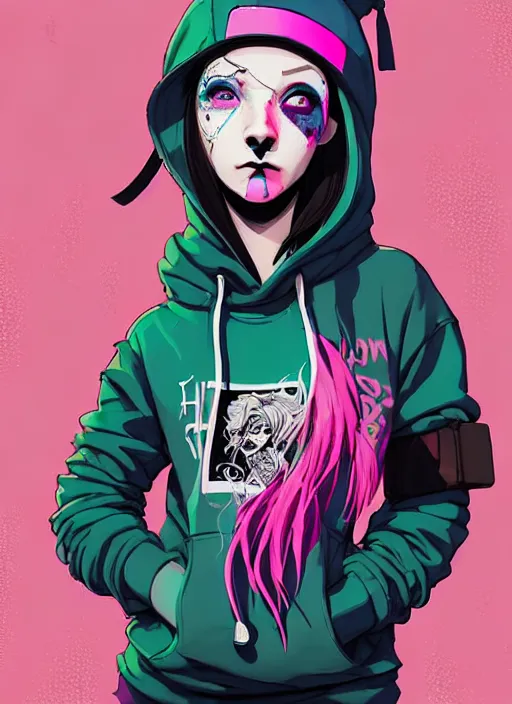 Image similar to highly detailed portrait of a sewer punk lady student, blue eyes, tartan hoody, pink hair by atey ghailan, by greg rutkowski, by greg tocchini, by james gilleard, by joe fenton, by kaethe butcher, gradient green, black, brown and magenta color scheme, grunge aesthetic!!! ( ( graffiti tag wall background ) )