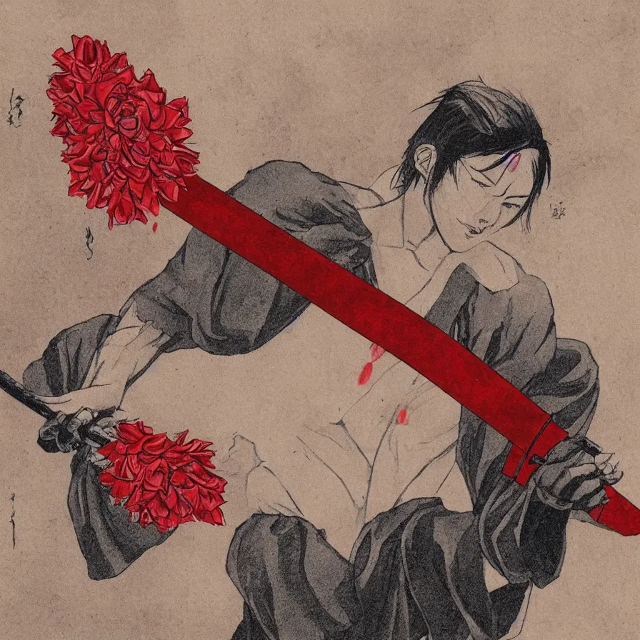 Image similar to a katana, human hands, red flower, rain, 4-dimensional stage, agony, pleasure