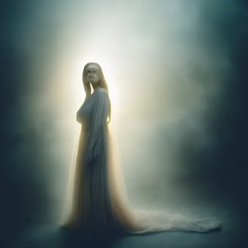 Prompt: photographic portrait of a stunningly beautiful alluring serene stark female ghost in soft dreamy light at sunset, smoke fog dust, god rays contemporary fashion shoot, by edward robert hughes, annie leibovitz and steve mccurry, david lazar, jimmy nelsson, breathtaking, 8 k resolution, extremely detailed, beautiful, establishing shot, artistic, hyperrealistic, beautiful face, octane render