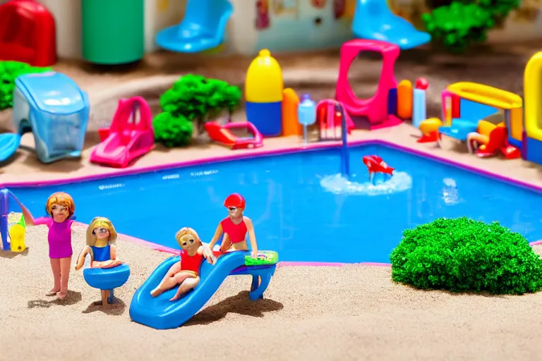 Image similar to fisher price public pool, california, in 2 0 1 5, 8 k, scene from tv show hyper detailed 5 5 mm 8 5 mm, toy photography, made out of plastic