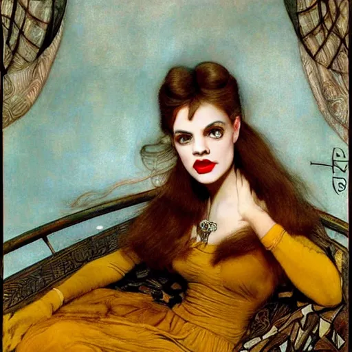 Image similar to hybrid of judy garland and lady gaga, brown fringe, large beautiful facial features, huge downslanted eyes, large full lips, full body shot, reclining bed cool stylish, yellow ochre ornate medieval dress, john william waterhouse, kilian eng, rosetti, john everett millais, william holman hunt, william morris, 4 k