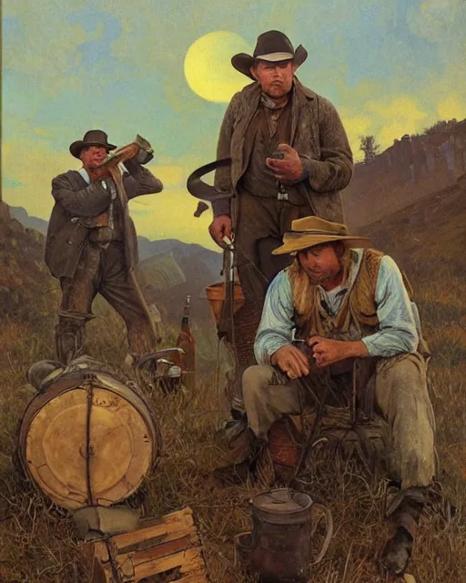 Image similar to portrait of three Appalachian bootlegger boys with detailed features and a moonshining still in the background, dutch camera view, moonshine jars, dirt, Appalachian mountains, sharp focus, illustration, highly detailed, oil painting, matte, art by Greg Rutkowski and Alphonse Mucha, masterpiece