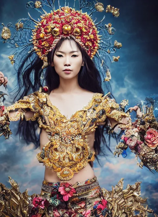 Image similar to expressive full body photo of an asian female model, ornate headpiece made from flowers, ornaments, glamour shot, by karol bak, by stefan gesell, photorealistic, canon r 3, fashion photography, hyper maximalist, elegant, ornate, luxury, elite, environmental portrait, symmetrical features, octane render, unreal engine, solid dark grey background, dramatic lights