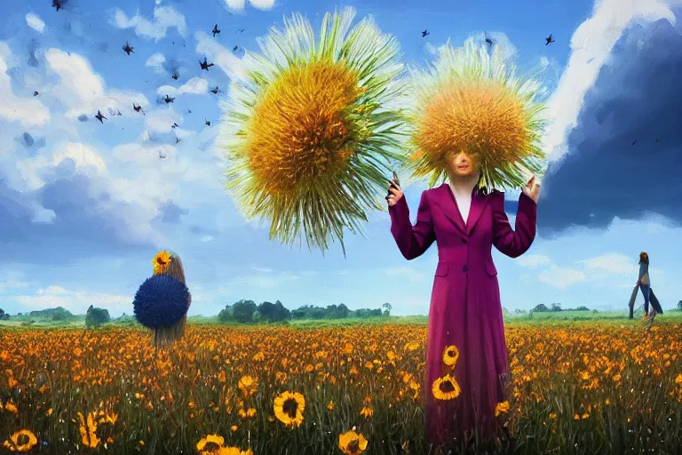 Prompt: giant thistle flower under head, girl in suit in field of flowers, surreal photography, sunrise, blue sky, dramatic light, impressionist painting, digital painting, artstation, simon stalenhag