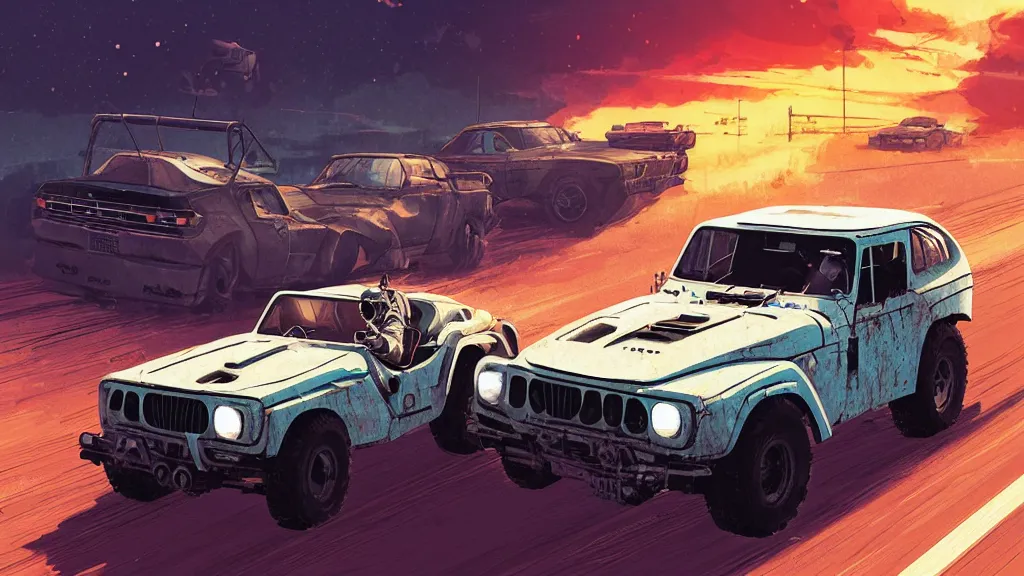 Image similar to digital illustration of mad max's fj 4 0 pursuit special, the last v 8 interceptor driving down a deserted cyberpunk highway in the middle of the day by studio ghibli, anime style year 2 0 9 3, by makoto shinkai, ilya kuvshinov, lois van baarle, rossdraws, basquiat