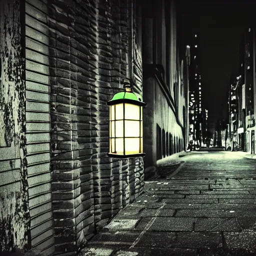 Prompt: lonely old lantern on empty cyberpunk street at night