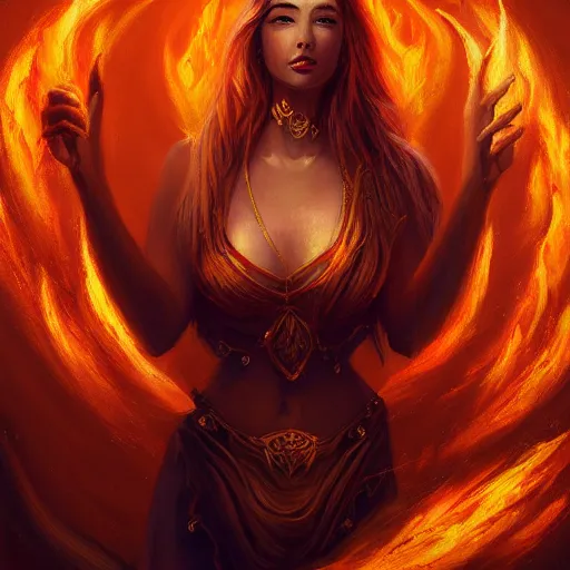 Image similar to A stunning painting of a flame goddess by Andrews Esao, fantasy, Trending on artstation.