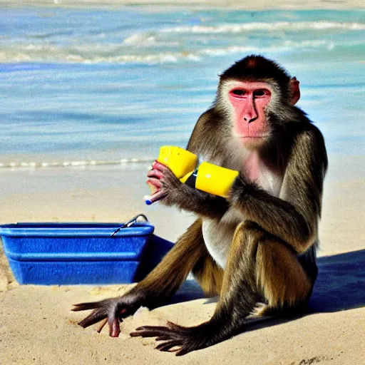 Prompt: monkey drinking lemonade at the beach