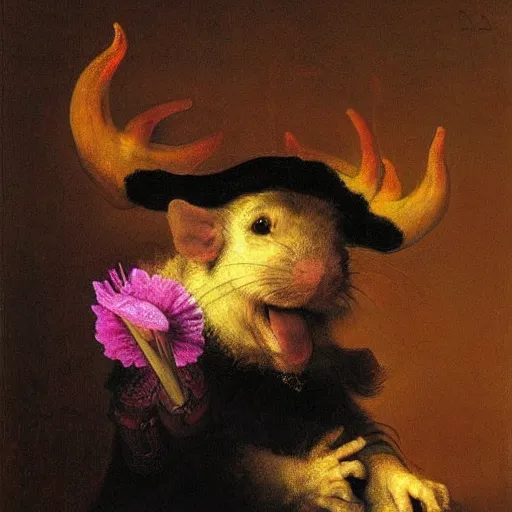 Prompt: painting by rembrandt, highly detailed, purple ancient antler deity, yellow rat pig, holding a red orchid, laughing, sitting in a brightly lit pink room