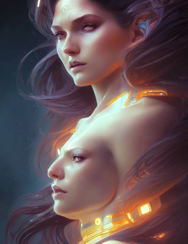 Image similar to futuristic woman portrait, sci-fi, amber eyes, face, long hair, fantasy, intricate, elegant, highly detailed, digital painting, artstation, concept art, smooth, sharp focus, illustration, art by artgerm and greg rutkowski and alphonse mucha