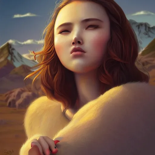 Prompt: a beautiful scenic painting of a beautiful young woman that looks like a grizzly bear by artgerm and wlop and wes anderson and spike jonze