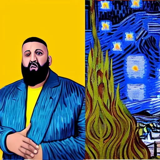 Image similar to ultra realistic portrait of dj khaled in a studio, ultra detailed, under blue, red and yellow cinematic lighting, by van gogh, cartoon, monument valley, escher