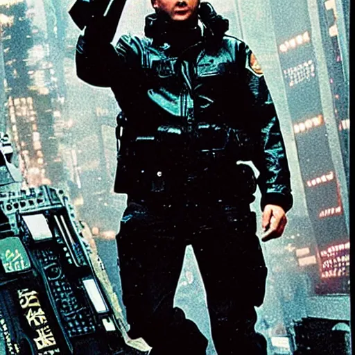 Image similar to film still blade runner Officer Deckard wearing Acronym + Nike ACG techwear