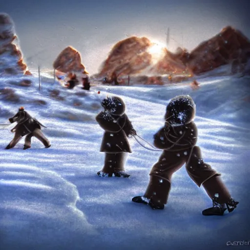 Prompt: baby steampunk snowtroopers on hoth having a snowball fight, action still, by cameldeath