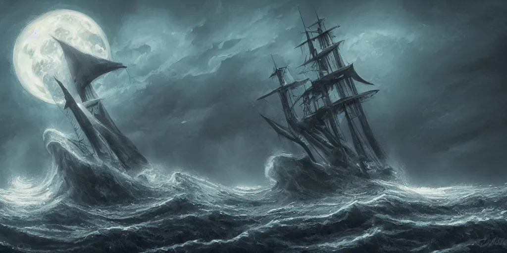 Prompt: a ship being attacked by a cthulhu in an ocean, moon, digital painting, artstation, dark, fog