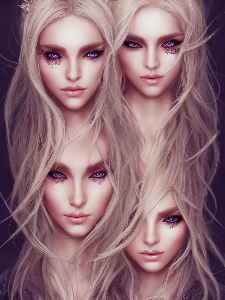Image similar to beautiful elven necromancer, blonde hair, balayage, dark fantasy, symmetrical face two identical symmetrical eyes, feminine figure, smooth skin, gorgeous, pretty face, beautiful body, revealing outfit, high detail, realistic, cgsociety, artgerm, trending on artstation