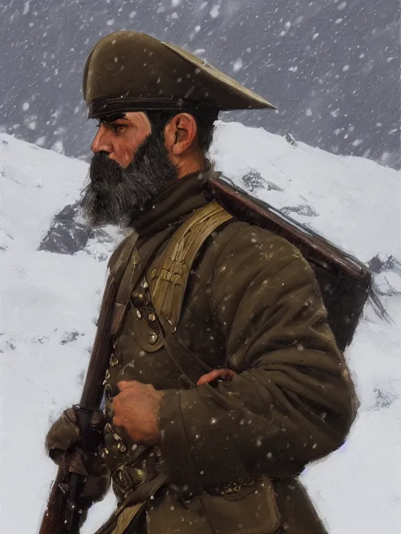 Prompt: an ultradetailed beautiful portrait painting of an greek era soldier marching in the snowy mountains, side view, oil painting, high resolution, by ilya kuvshinov, greg rutkowski and makoto shinkai