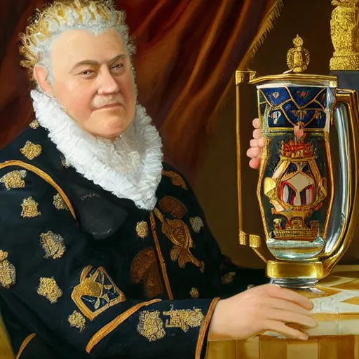 Prompt: A detailed oil painting of a majestic emperor toasting with a large beer mug made of crystal engraved with a large coat of arms by John Parrot and Robert Lefevre