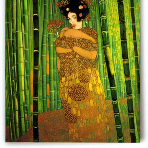 Image similar to fantasy art concept art beautiful lighting of a woman in a bamboo forest by klimt