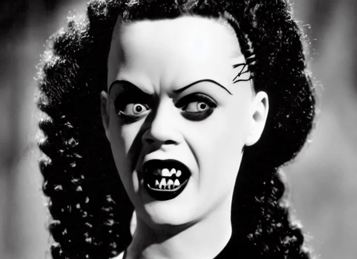 Image similar to editorial portrait, bride of frankenstein ( 1 9 3 5 ) as child wednesday addams, still from the addams family values, sharp, black and white